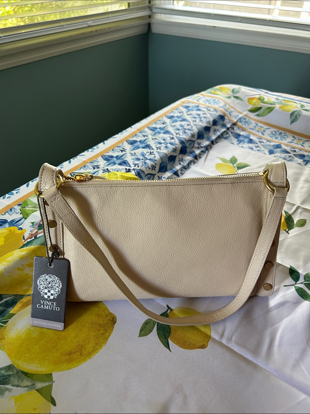 Vince Camuto Cream Pebbled Leather Shoulder Bag